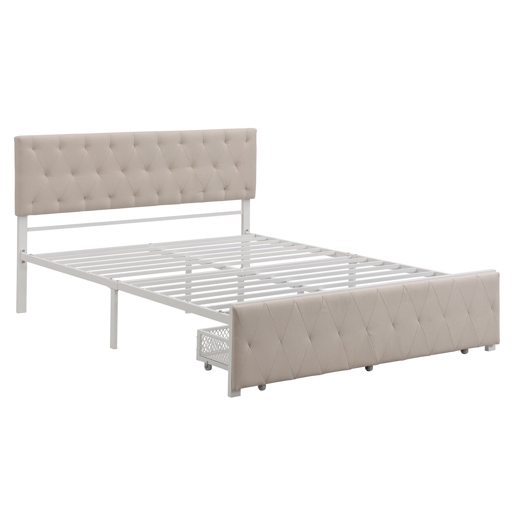 Queen Size Storage Bed Metal Platform Bed with a Big Drawer - Beige