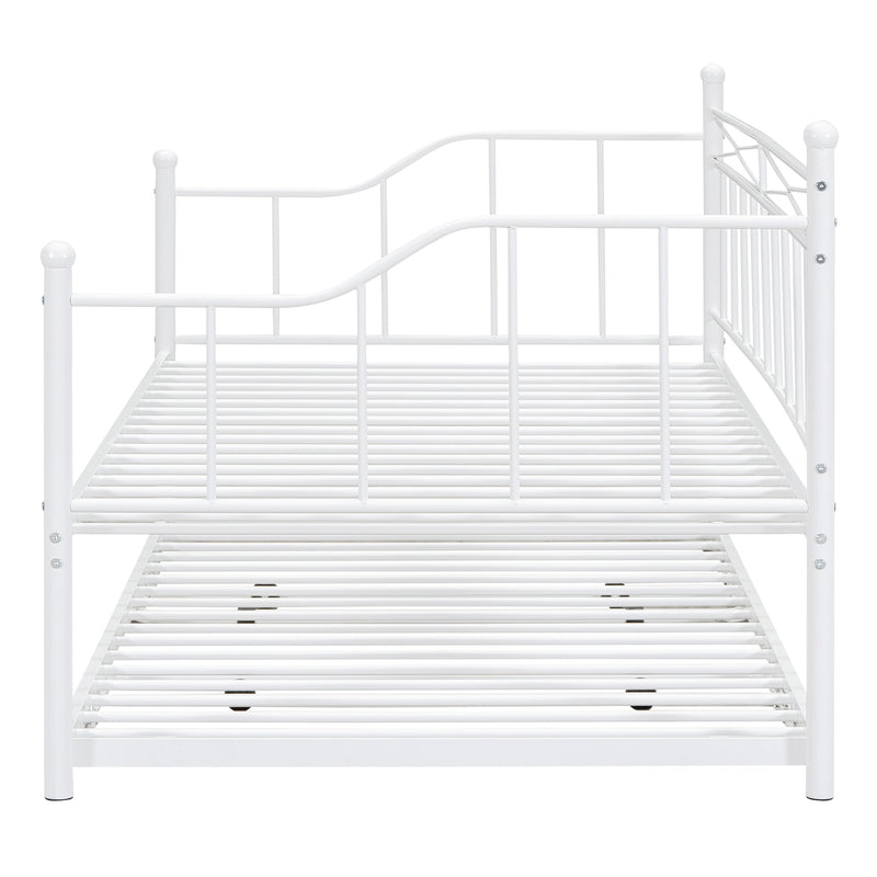 Twin Size Metal Daybed with Twin Size Adjustable Trundle, Portable Folding Trundle, White