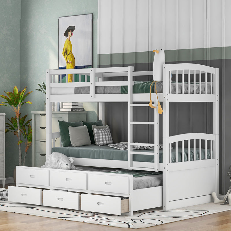 Twin over Twin Wood Bunk Bed with Trundle and Drawers,White