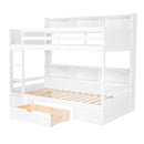 Twin Size Bunk Bed with Built-in Shelves Beside both Upper and Down Bed and Storage Drawer,White