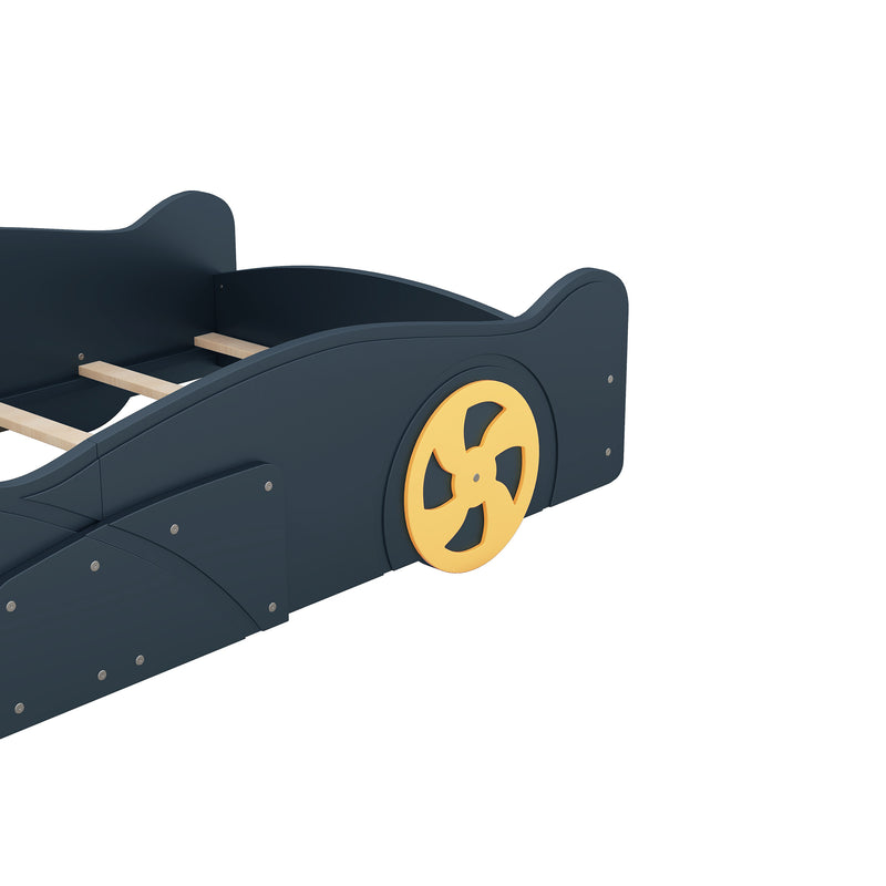 Twin Size Race Car-Shaped Platform Bed with Wheels and Storage, Dark Blue+Yellow