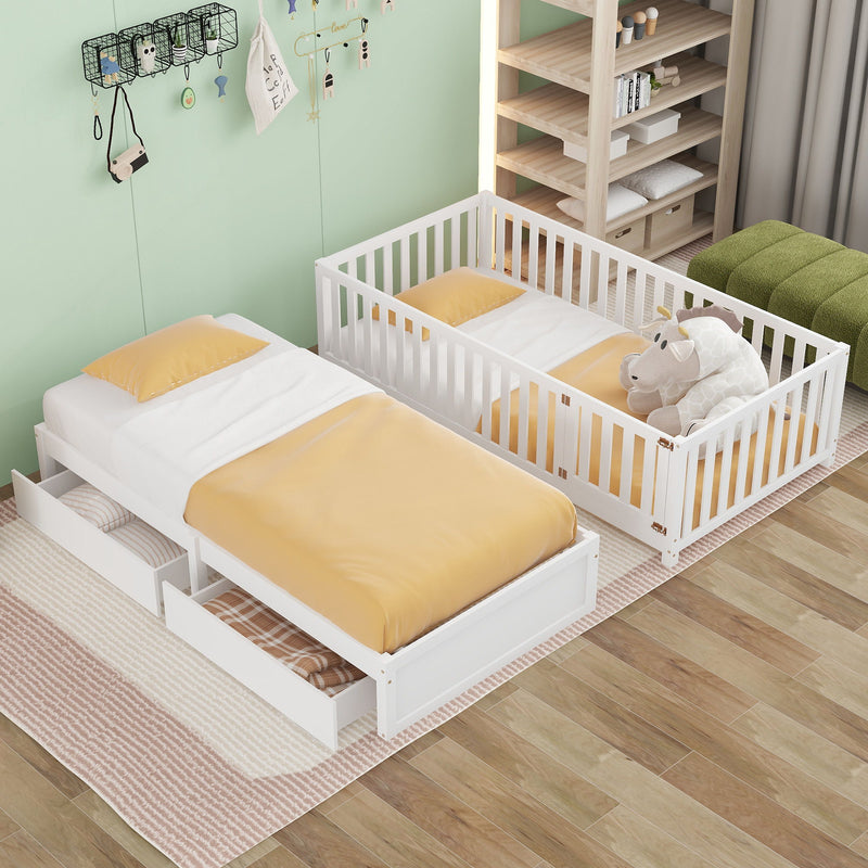 Daybed With Fence Guardrails And 2 Drawers, Split Into Independent Floor Bed & Daybed