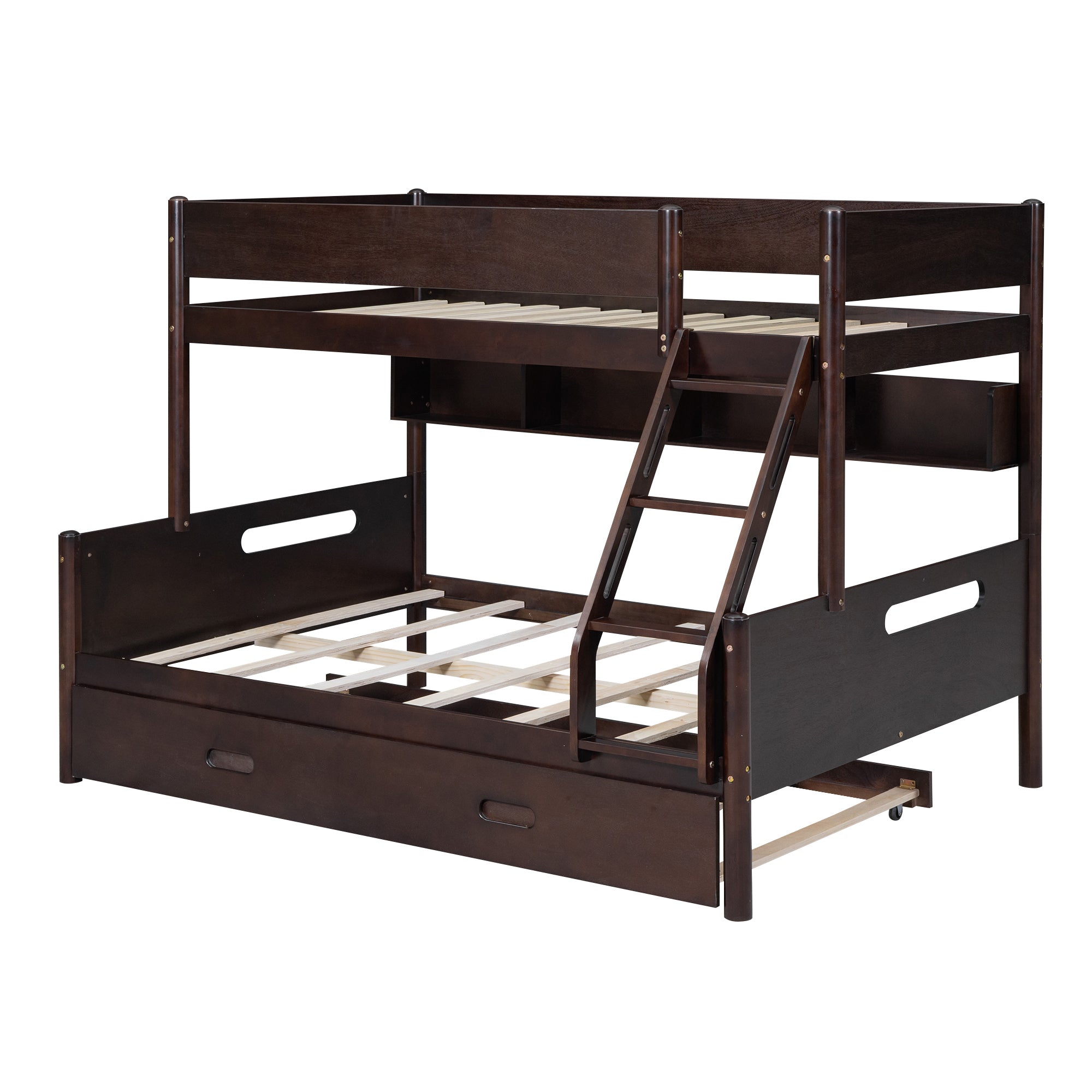 Wood Twin over Full Bunk Bed with Storage Shelves and Twin Size Trundle, Espresso - Atlantic Fine Furniture Melbourne FL
