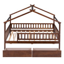 Full Size Wooden House Bed with Two Drawers, Walnut