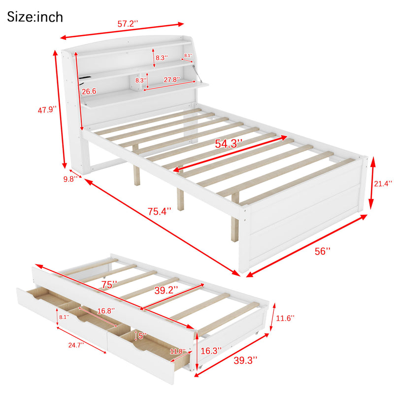 Wooden LED Platform Bed With Trundle, With Storage Headboard, With Drawers