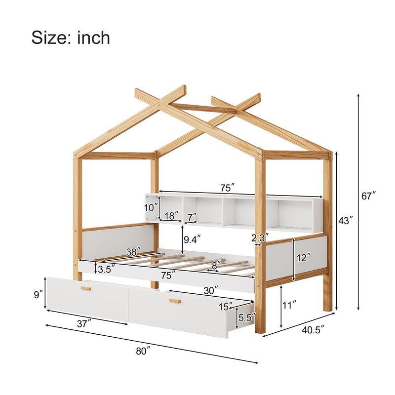 Wooden House Bed Original Wood Colored Frame With Bookshelf Storage Space