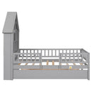Twin Size House-Shaped Headboard with Fence Guardrails and Trundle ,Grey
