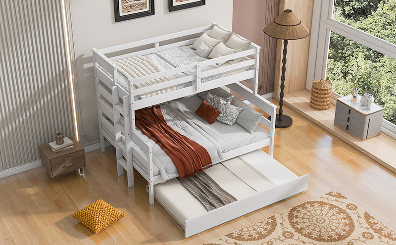 Wood Twin over Full Bunk Bed with Twin Size Trundle, White