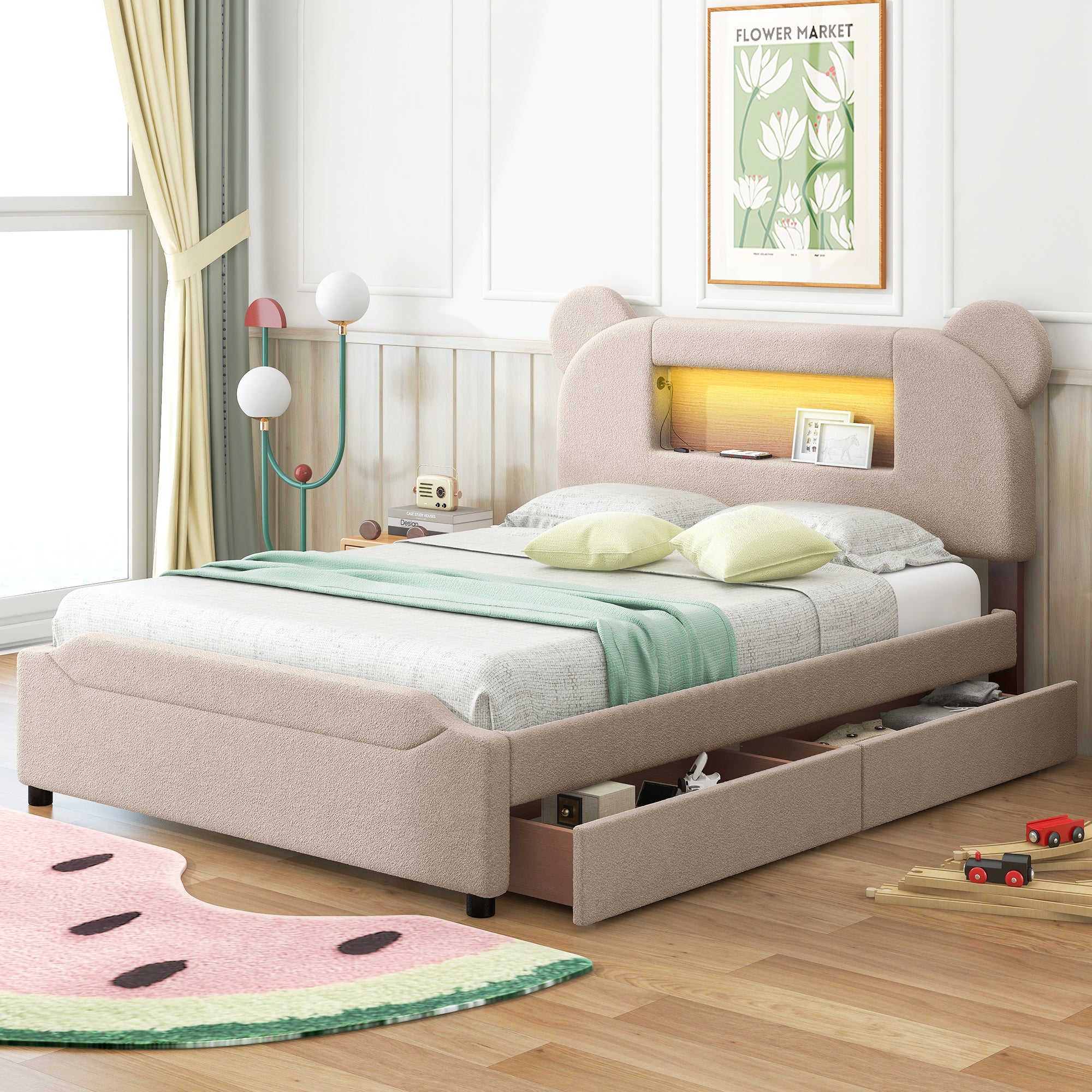 Full Size Upholstered Storage Platform Bed with Cartoon Ears Shaped Headboard, LED and USB, Beige - Atlantic Fine Furniture Melbourne FL