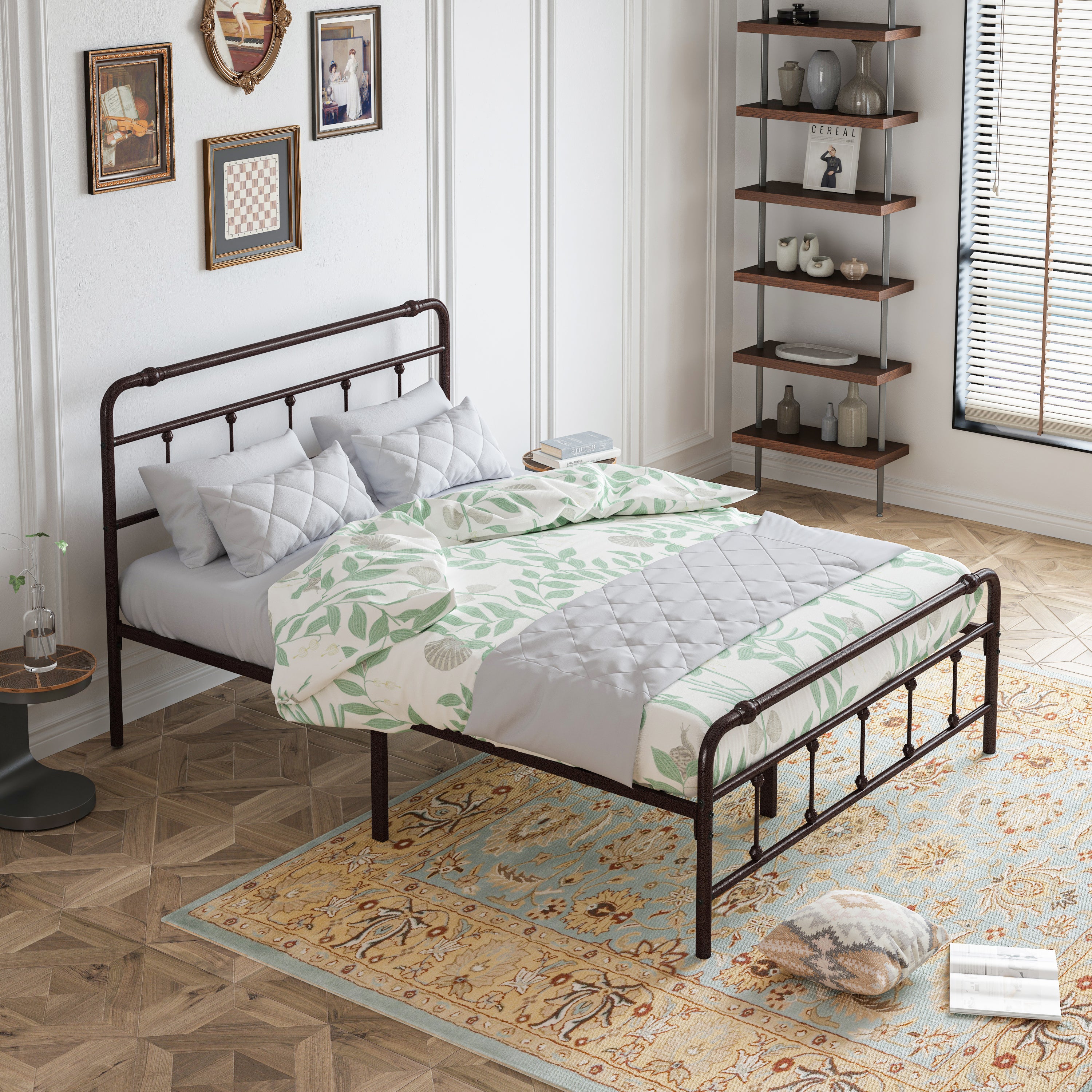 Queen Size Metal Platform Bed Frame with Victorian Style Wrought Iron-Art Headboard/Footboard
