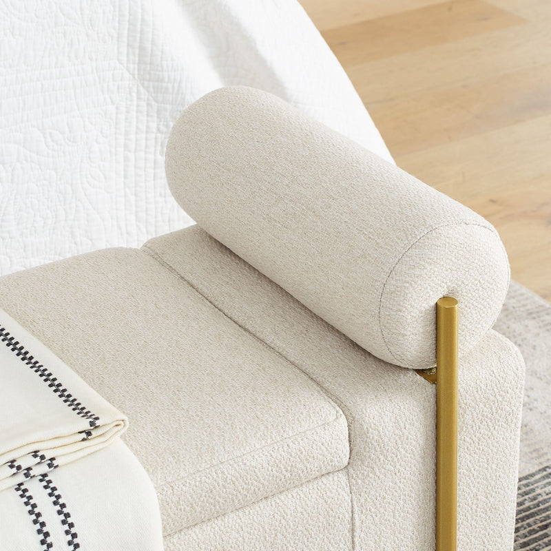 Elegant Upholstered Linen Storage Bench With Cylindrical Arms And Iron Legs, White