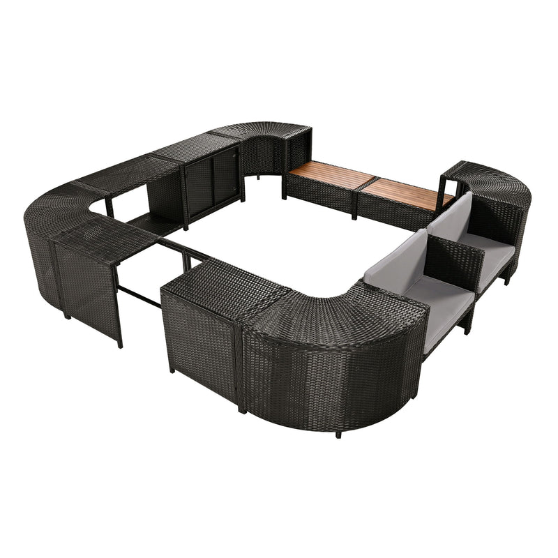 Spa Surround Spa Frame Quadrilateral Outdoor Rattan Sectional Sofa Set With Mini Sofa, Wooden Seats And Storage Spaces