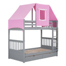Twin Over Twin Bunk Bed Wood Bed with Tent and Drawers, Gray+Pink Tent