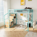 Heavy Metal Frame Full Loft Bed With Desk & Storage, 4 Cabinets, Staircase, Rack Space Saver - Green