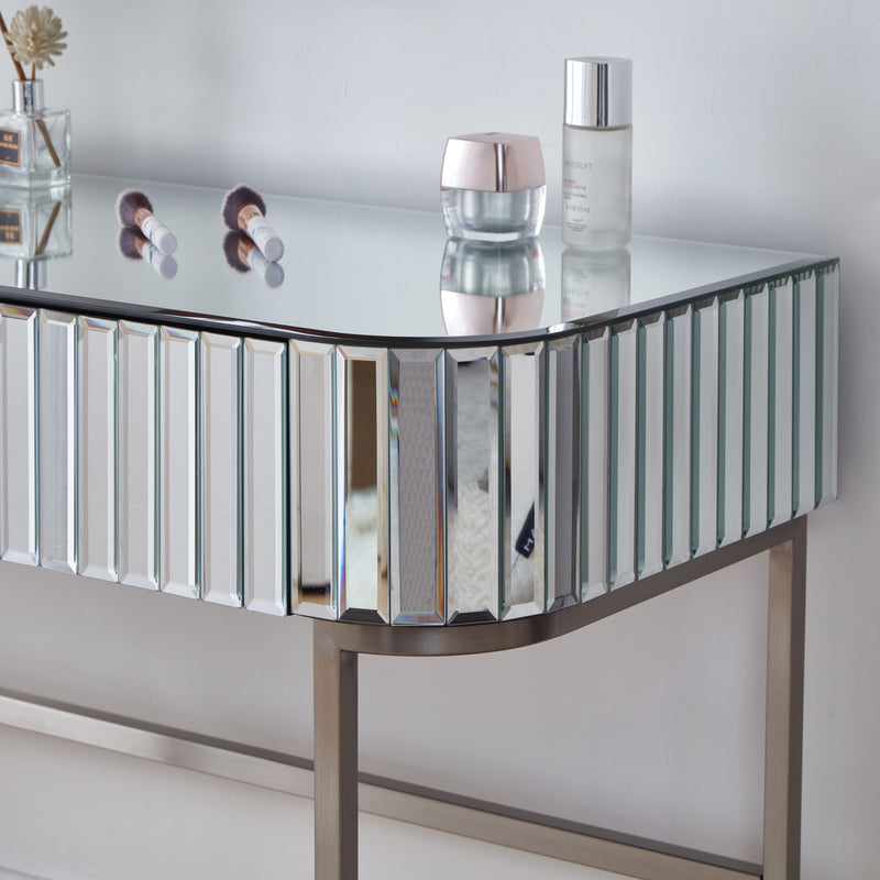 Mirrored Makeup Vanity Table With Stainless Steel Base And 2 Drawers