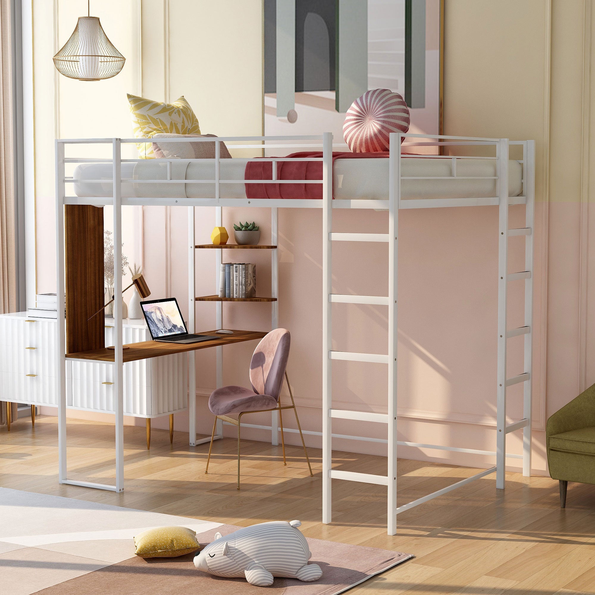 Full Size Metal Loft Bed with 2 Shelves and one Desk ,White (Old SKU: LP000191AAK ) - Atlantic Fine Furniture Melbourne FL