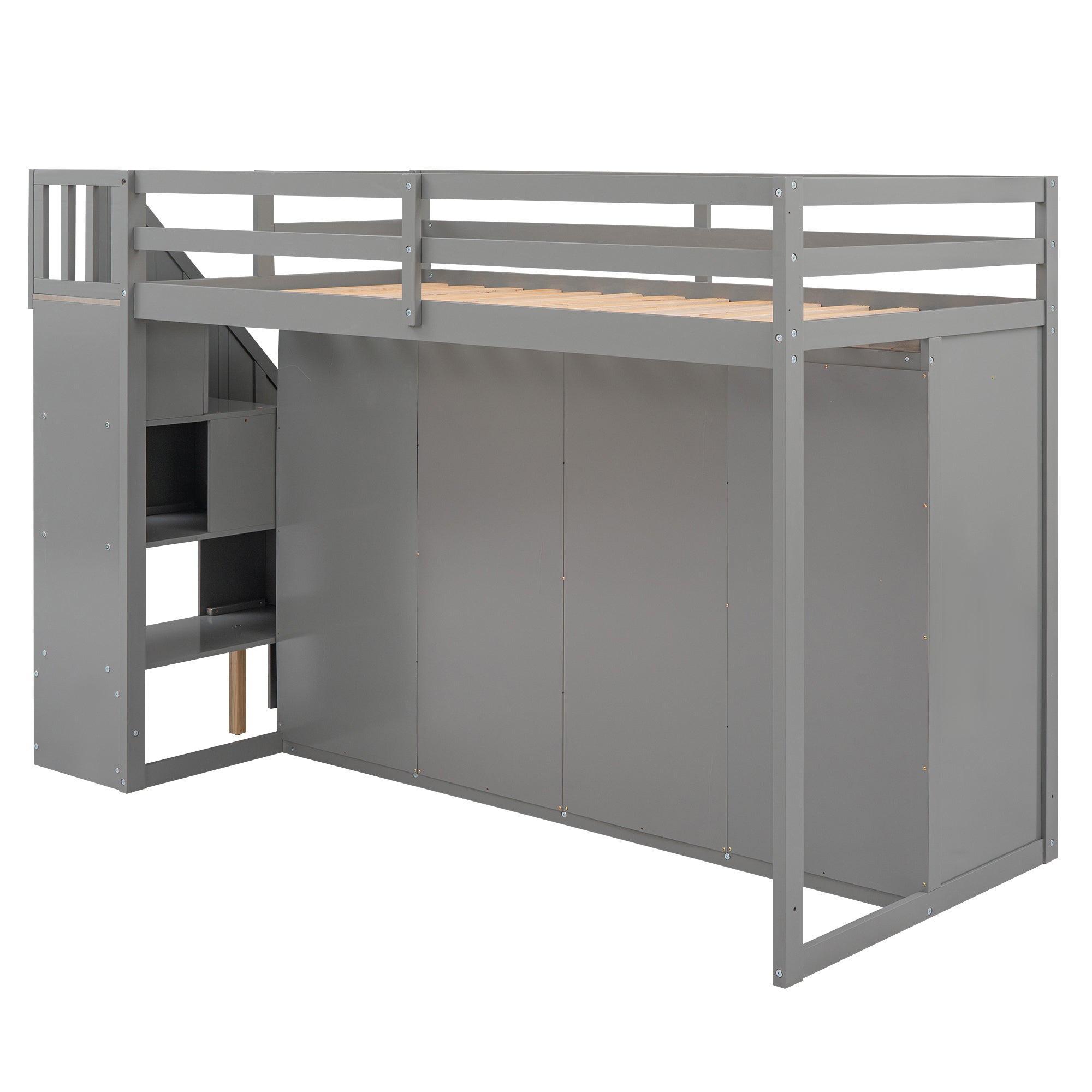 Functional Loft Bed with 3 Shelves, 2 Wardrobes and 2 Drawers,  Ladder with Storage, No Box Spring Needed, Gray - Atlantic Fine Furniture Melbourne FL