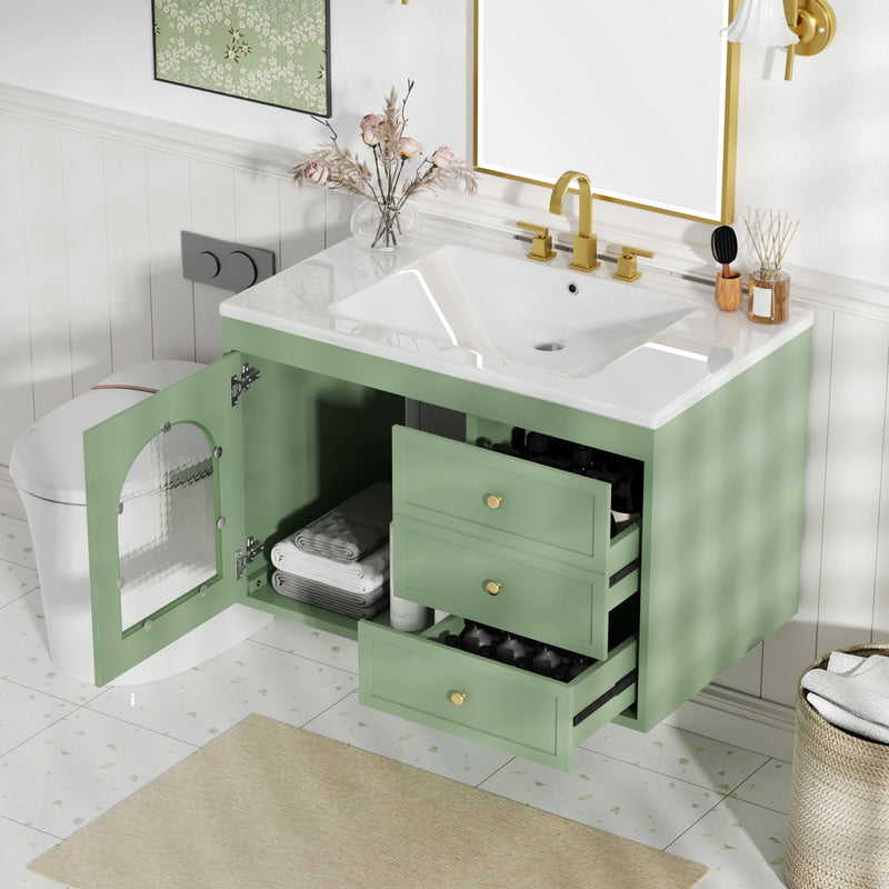 Elegant Floating Bathroom Vanity Sink And Cabinet Combo 1 Door And 2 Drawers - Green