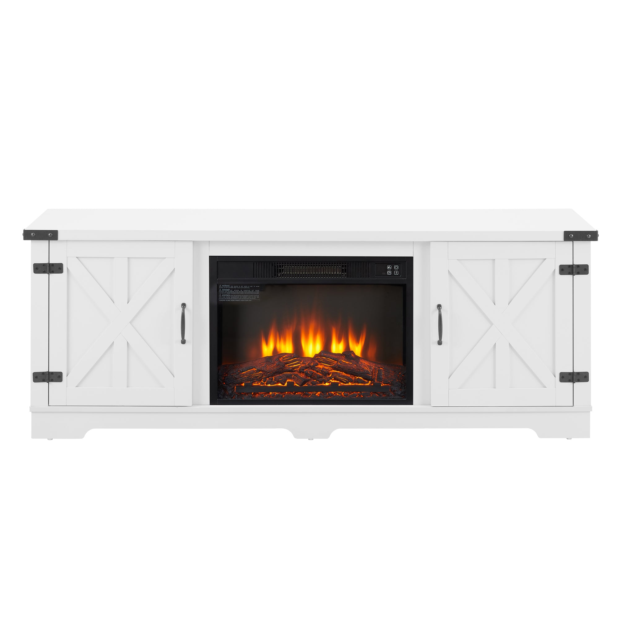 Modern Farmhouse TV Media Stand, Large Barn Inspired Home Entertainment Console, with 23" Fireplace Insert, for TV Up to 70'', with Open Shelves and Closed Cabinets, White, 64.8"W*15.67"D*24.29"H