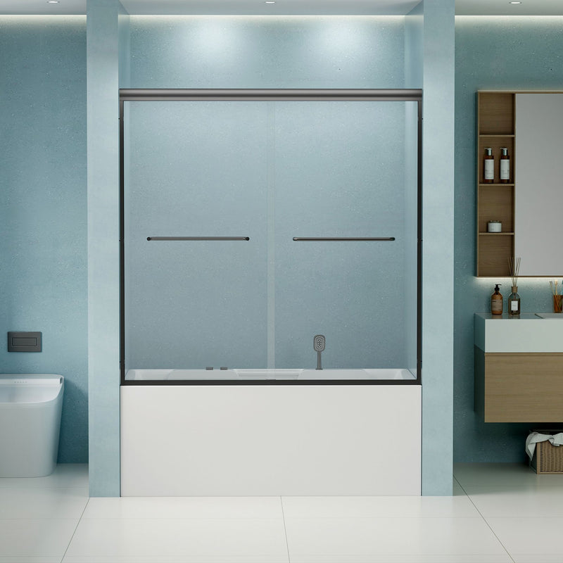 Double Sliding Bathtub Shower Door, Semi Frameless Bypass, 1 / 4" (6Mm) With Explosion - Proof Film, Adjustable Aluminum Alloy Frame