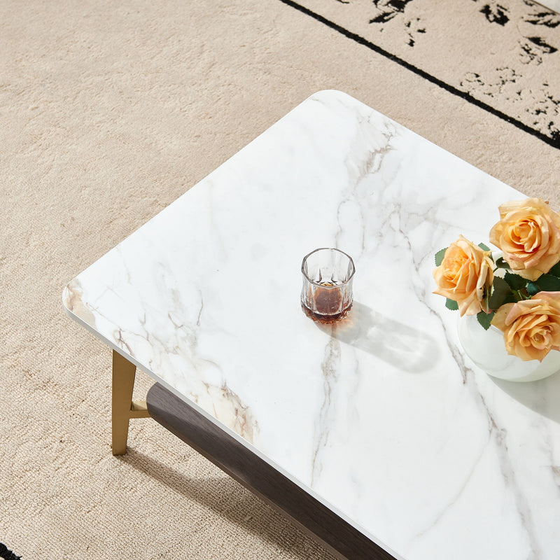 Coffee Table Rectangular Center Table For Living Room Open Space Side Table With Metal Frame - Golden / White