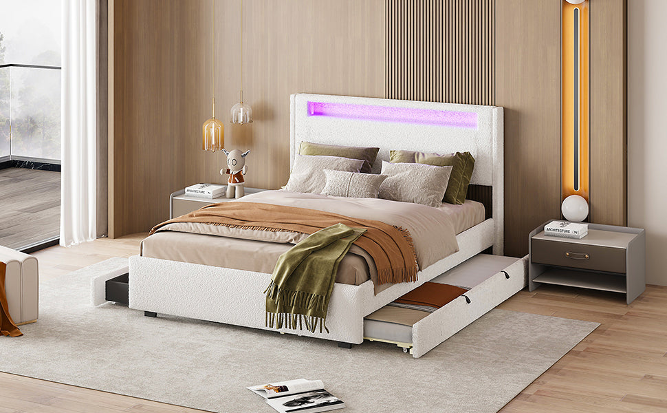 Full Size Upholstered Platform Bed with LED Frame, with Twin  Size Trundle and 2 drawers, Teddy Fleece, White - Atlantic Fine Furniture Melbourne FL