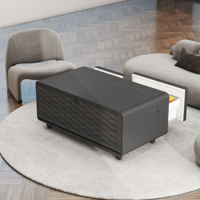 Modern Smart Coffee Table With Built-In Fridge - Bluetooth Speaker, Wireless Charging, Touch Control Panel, USB Interface, Outlet Protection, Atmosphere Light