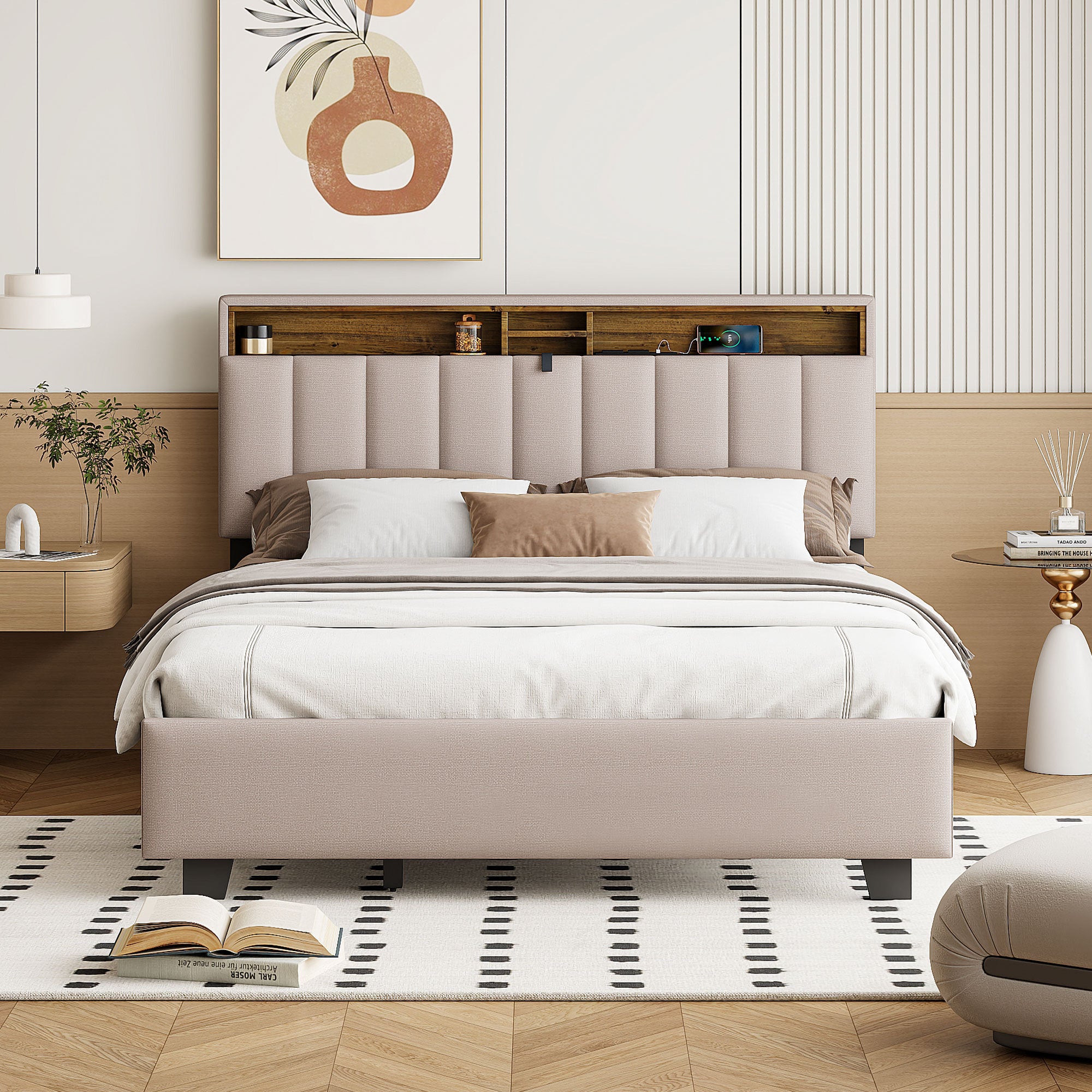 Queen size Upholstered Platform Bed with Storage Headboard, Twin XL Size Trundle & 2 drawers and a set of Sockets & USB Ports, Linen Fabric, Beige - Atlantic Fine Furniture Melbourne FL
