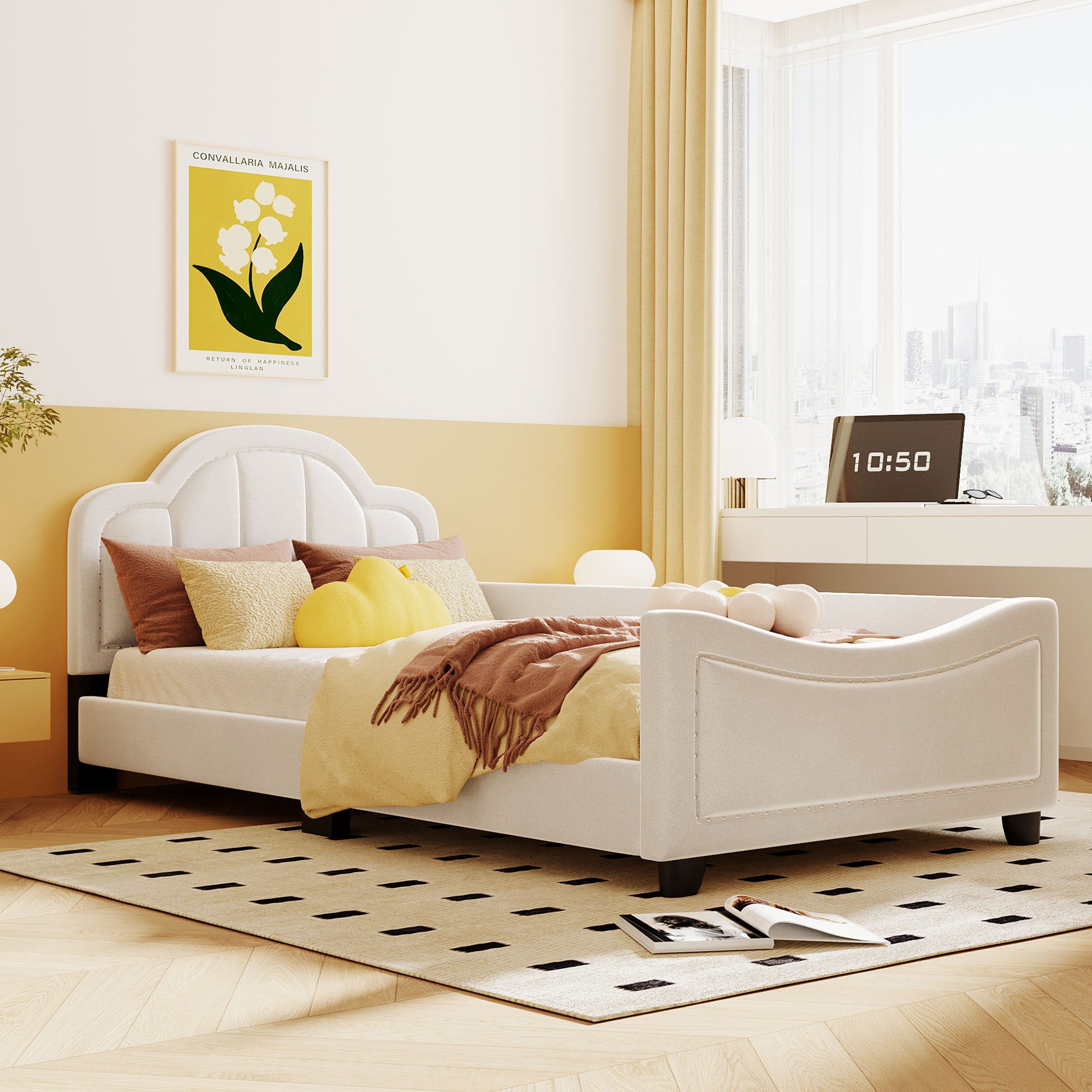 Twin Size Upholstered Daybed with Cloud Shaped Headboard, Embedded Elegant Copper Nail Design, Beige - Atlantic Fine Furniture Melbourne FL
