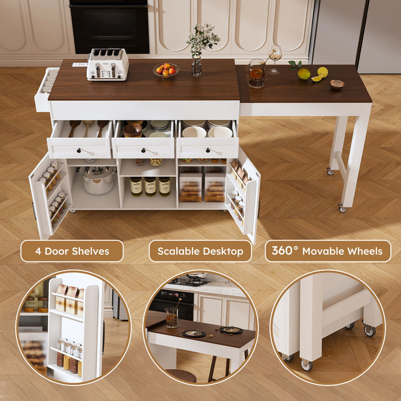 Modern Kitchen Island With Extendable Dining Table & Power Outlet - White