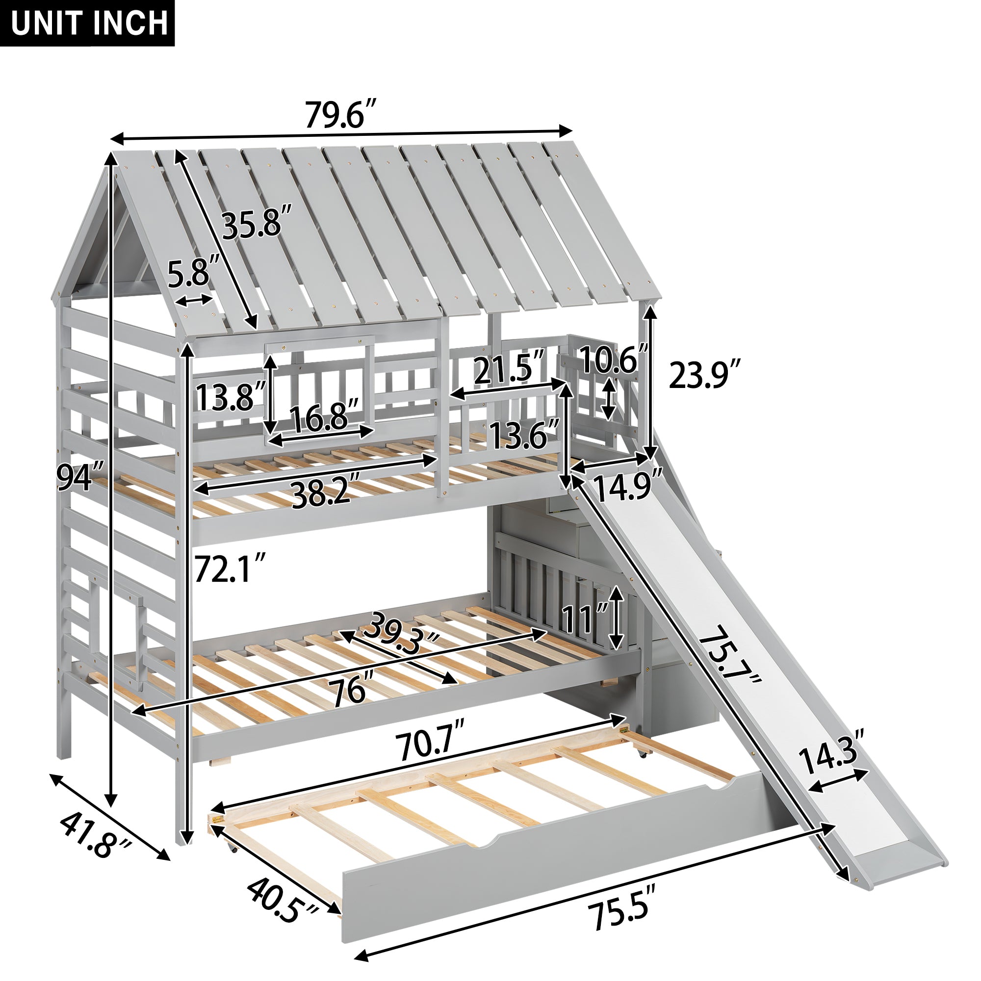 Twin over Twin House Bunk Bed with Trundle and Slide, Storage Staircase, Roof and Window Design, Gray(Old SKU: GX000931AAE) - Atlantic Fine Furniture Melbourne FL