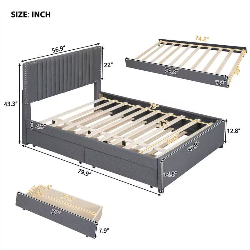 Full Size Upholstered Platform Bed with 2 Drawers and 1 Twin Size Trundle, Classic Headboard Design, Gray - Atlantic Fine Furniture Melbourne FL