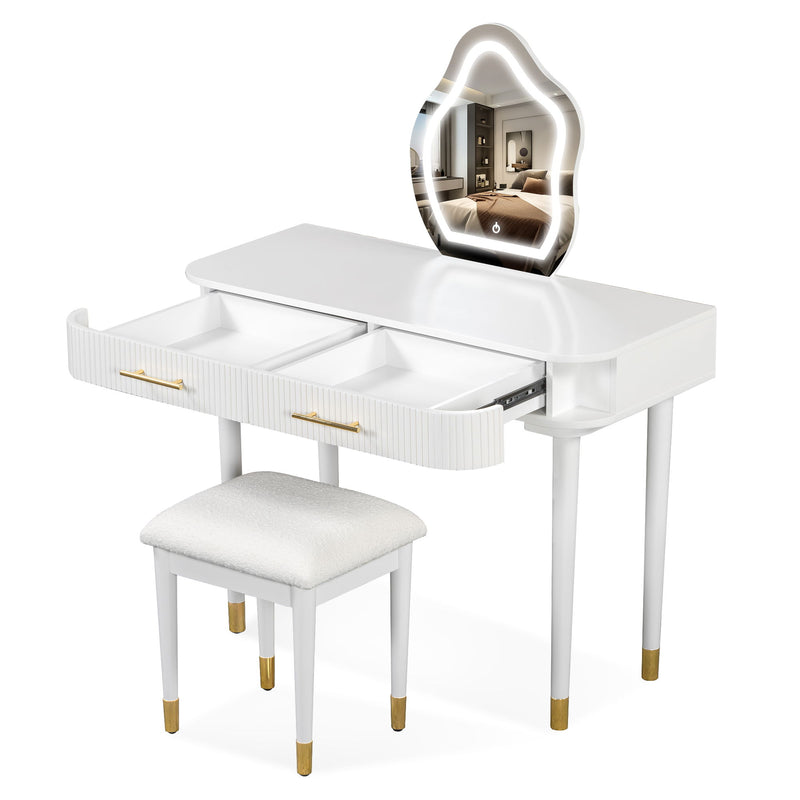 Modern Vanity Table Set With Mirror Touch Screen Lighted Mirror, Dressing Table And Cushioned Stool Set With 2 Large Drawers - White