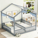 Double Twin House-Style Floor Bed with Fence, Guardrails, without door, Grey