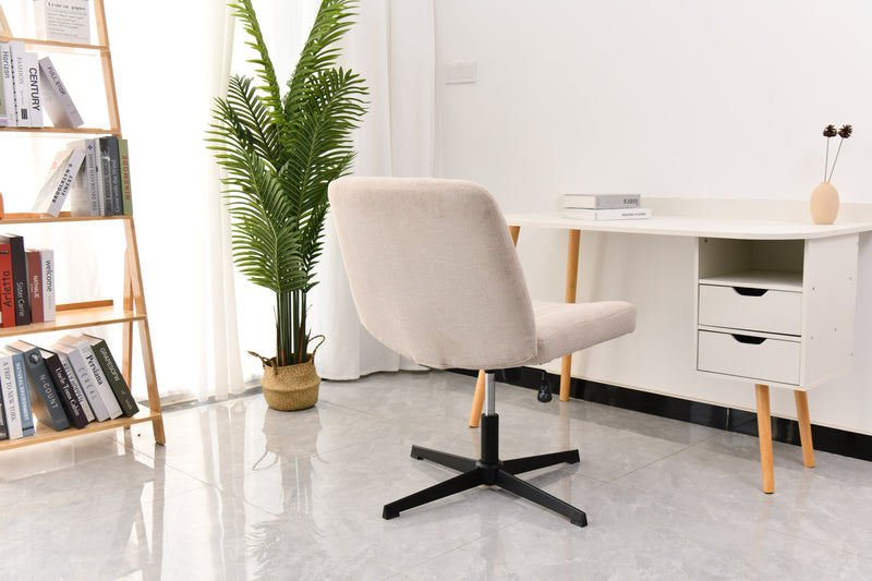 Cross Legged Office Chair, Wide Comfty Desk Chair, Vanity Home Chair No Wheels Armless Computer Task Chair, Swivel And Height Adjustable - Beige