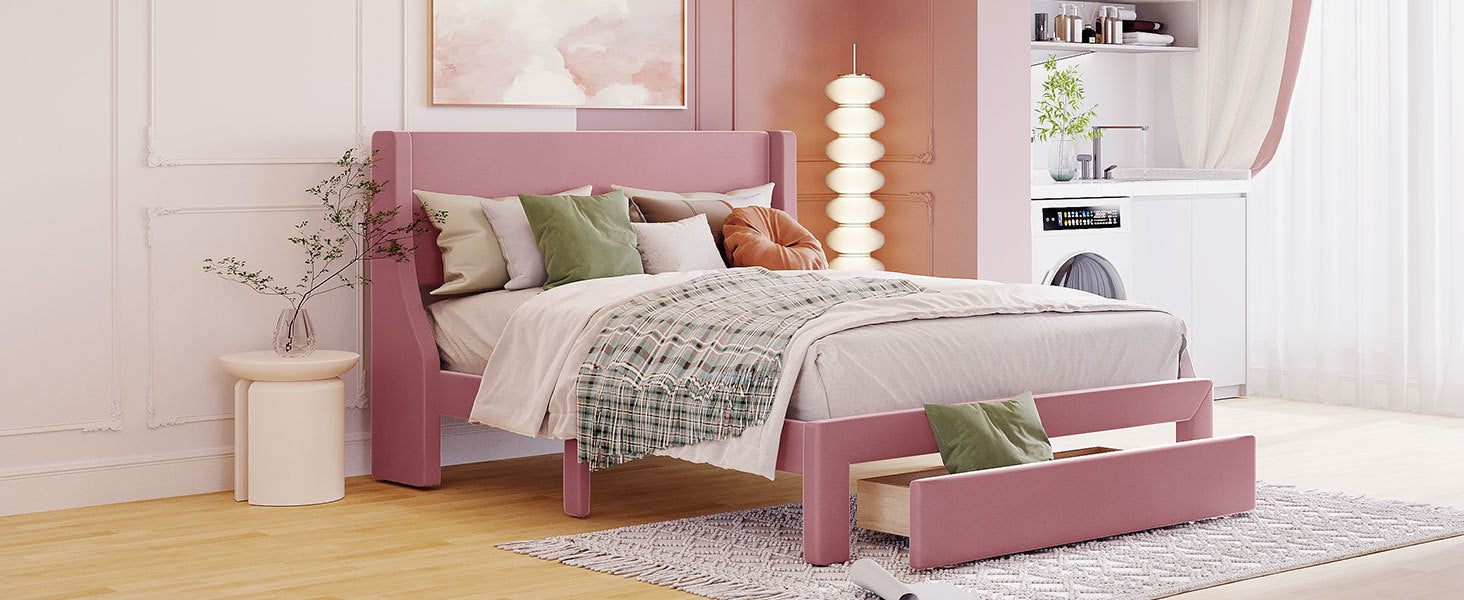 Queen Size Storage Bed Velvet Upholstered Platform Bed with a Big Drawer - Pink - Atlantic Fine Furniture Melbourne FL