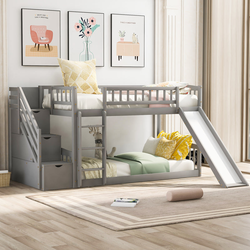 Stairway Twin over Twin Bunk Bed with Two Drawers and Slide, Gray(OLD SKU :LT000155AAE)