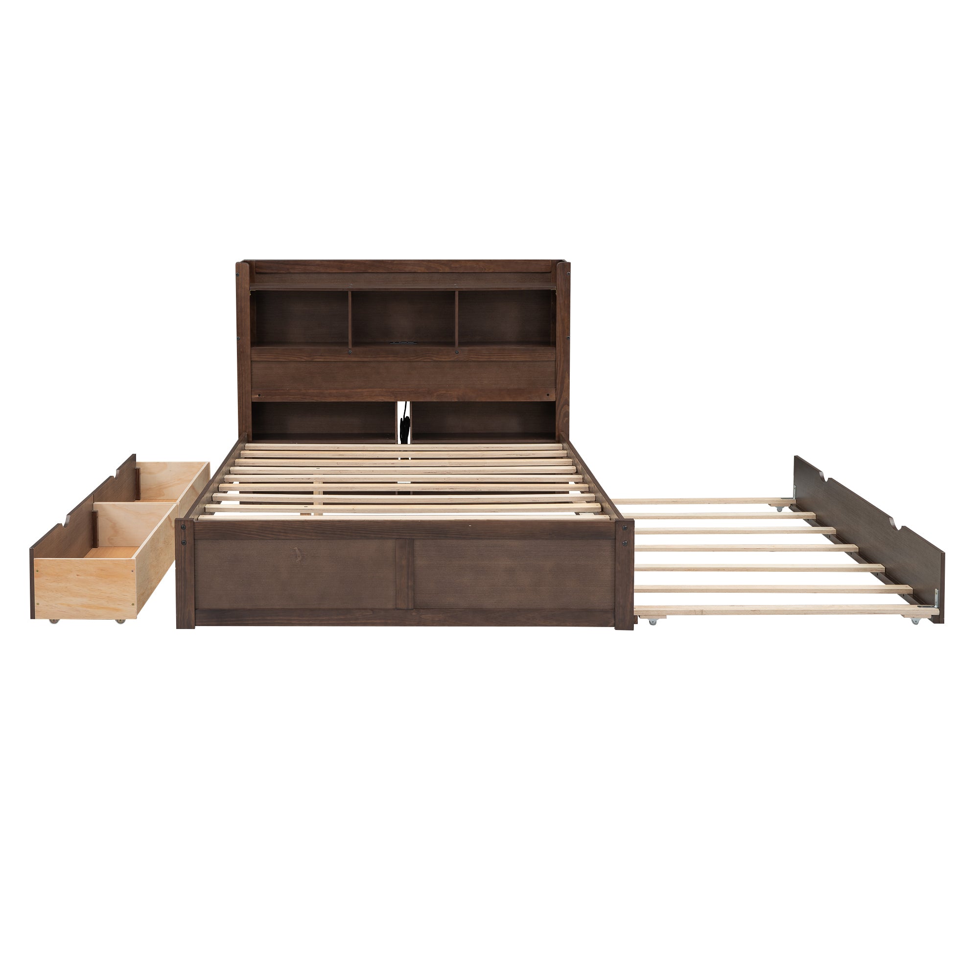 Full Size Storage Platform Bed with Pull Out Shelves, Twin Size Trundle and 2 Drawers, Espresso - Atlantic Fine Furniture Melbourne FL