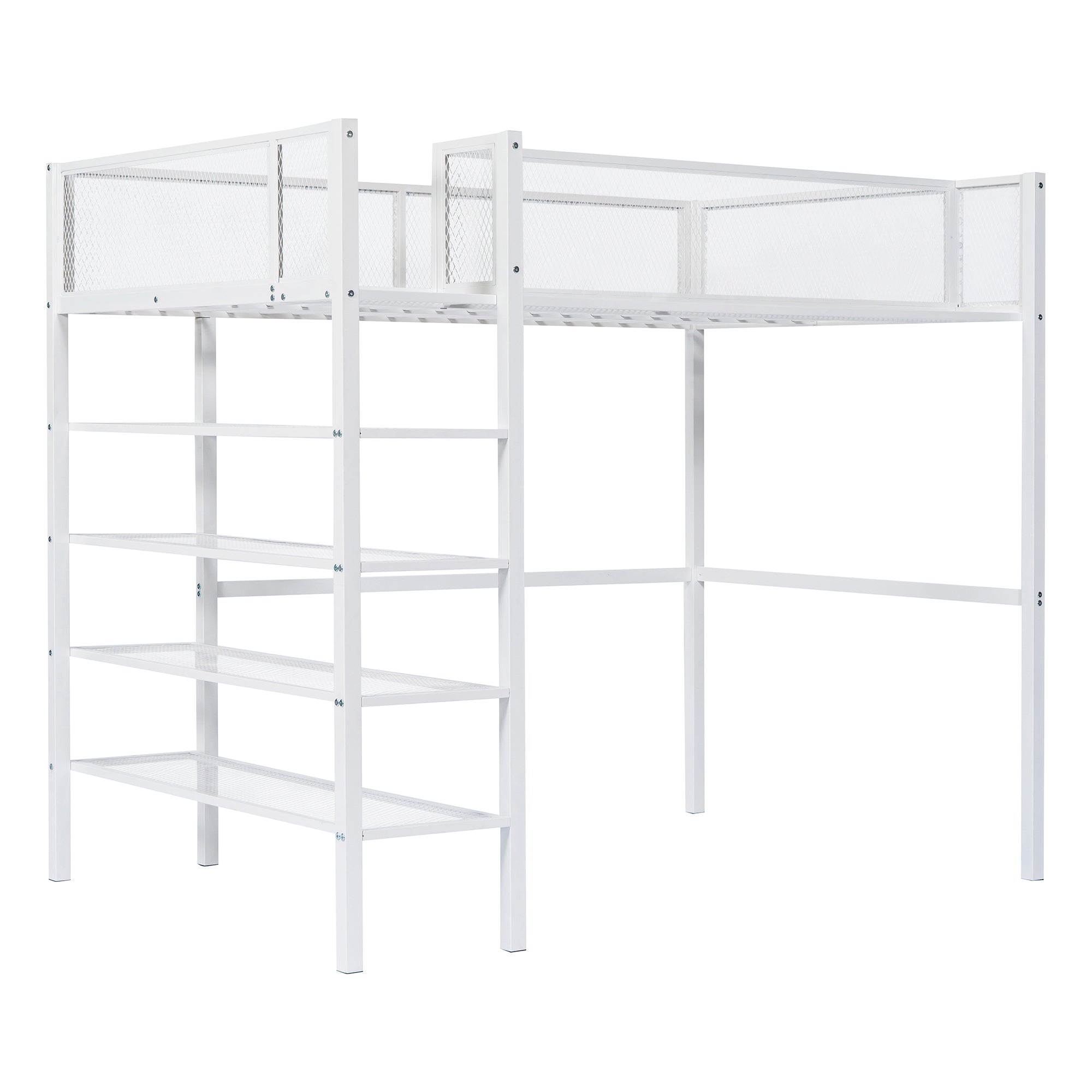 Twin Size Metal Loft Bed with 4-Tier Shelves and Storage, White - Atlantic Fine Furniture Melbourne FL