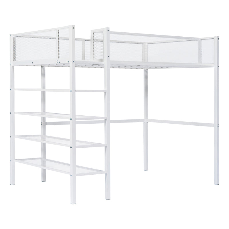 Twin Size Metal Loft Bed with 4-Tier Shelves and Storage, White