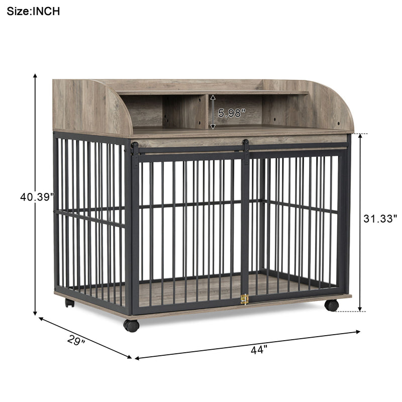 Heavy Duty Dog Crate Furniture For Medium Dog With Lockable Wheels, Wooden Dog Crate Dog Kennel, End Table Crate With Double Layer Storage