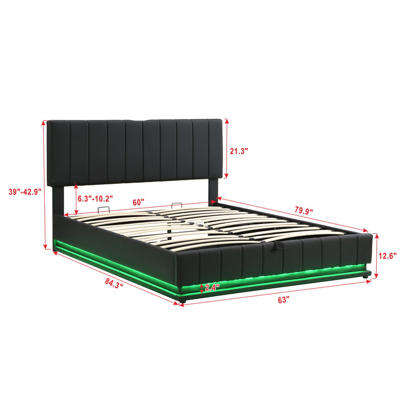 Queen Size Upholstered Bed With Hydraulic Storage System And LED Light, Modern Platform Bed With Sockets And USB Ports