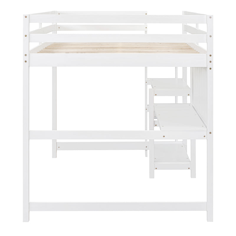 Full Size Wooden Loft Bed with Shelves, Desk and Writing Board - White
