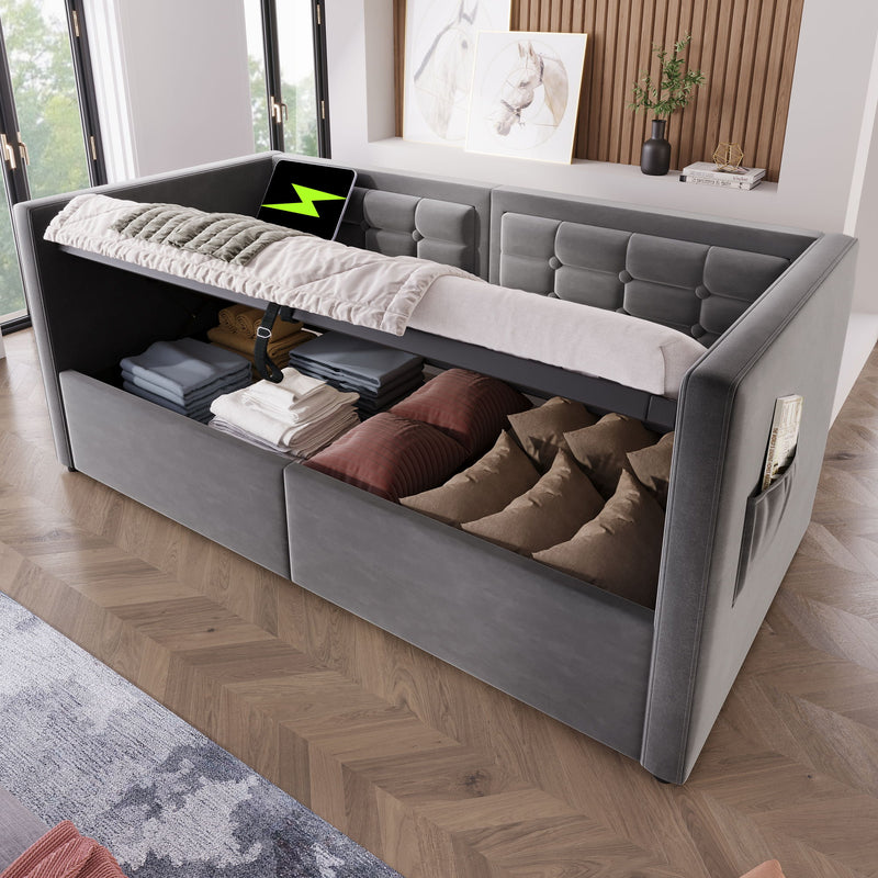Upholstered Hydraulic Storage Daybed With USB & Type C Charging