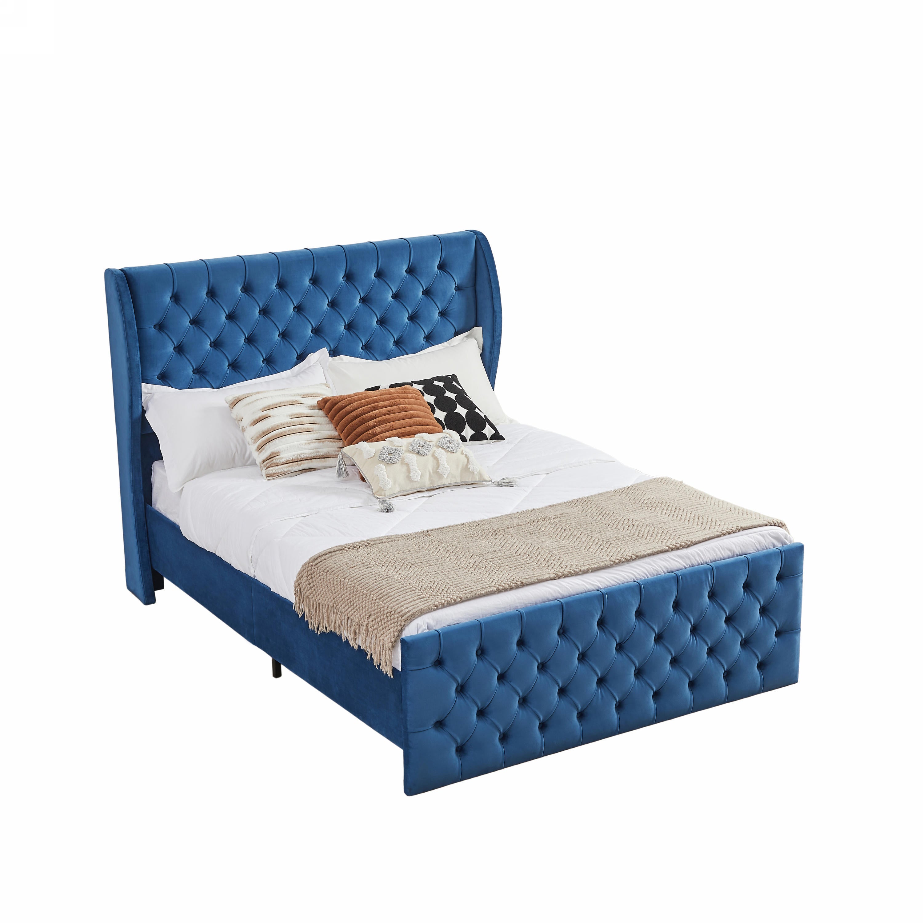 King Size Platform Bed Frame, Velvet Upholstered Sleigh Bed with Scroll Wingback Headboard & Footboard/Button Tufted/No Box Spring Required/Easy Assembly/Blue