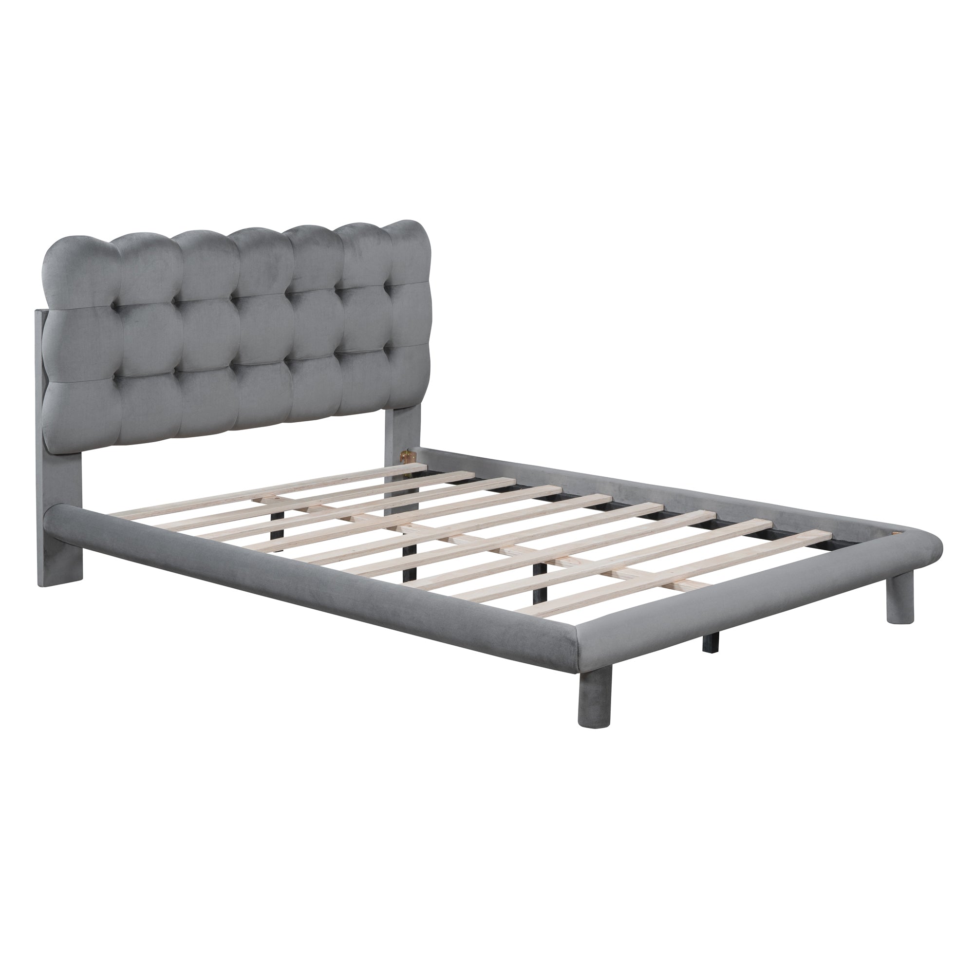 Full Size Velvet Platform Bed with LED Frame, Thick & Soft Fabric and Button-tufted Design Headboard, Gray - Atlantic Fine Furniture Melbourne FL