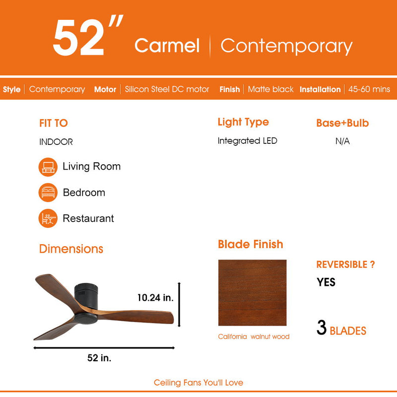 Indoor Wooden Ceiling Fan With 3 Solid Wood Blades Remote Control Reversible Dc Motor Without Light - Dark Brown / Black