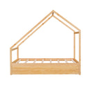 Twin Size Wooden House Bed With Twin Size Trundle, Natural