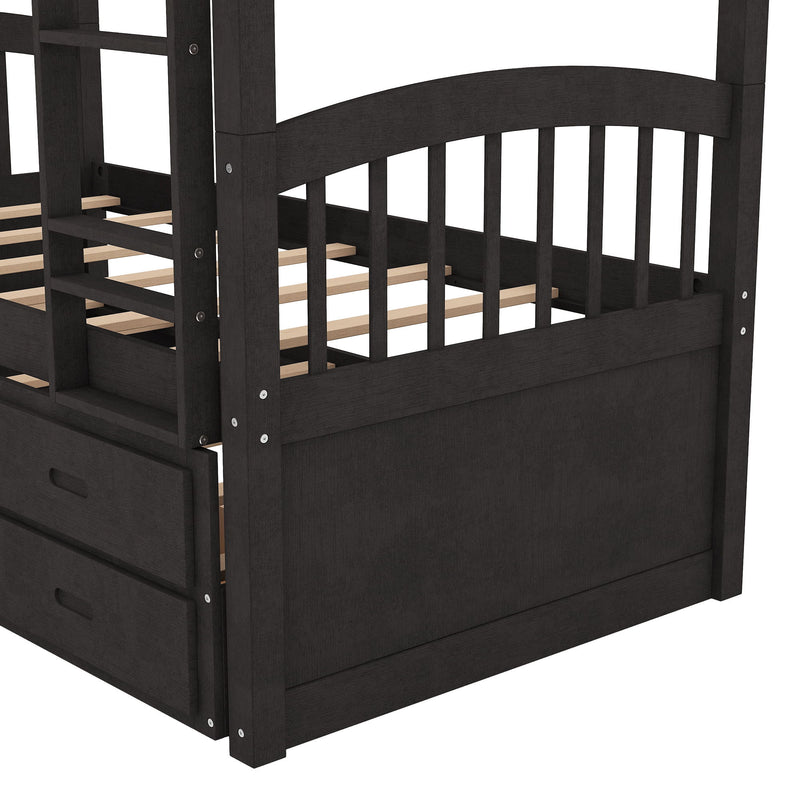 Twin Over Twin Wood Bunk Bed With Trundle And Drawers - Espresso