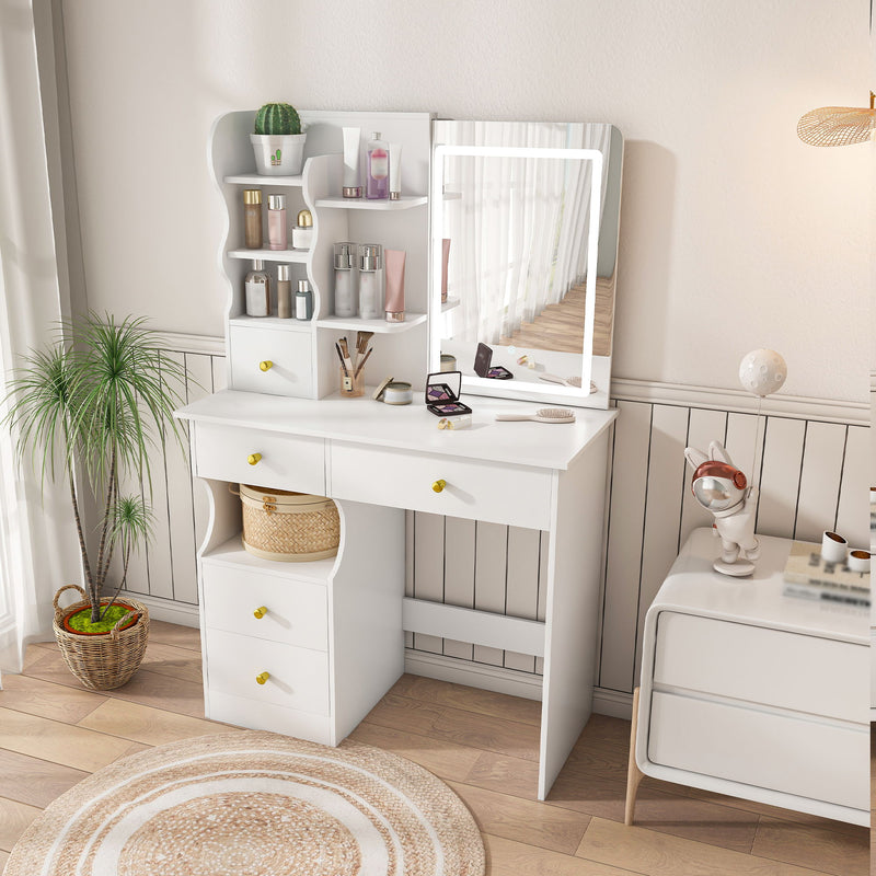 Dressing Table With Movable Mirror And LED Light, 5 Drawer Storage Organizer - White